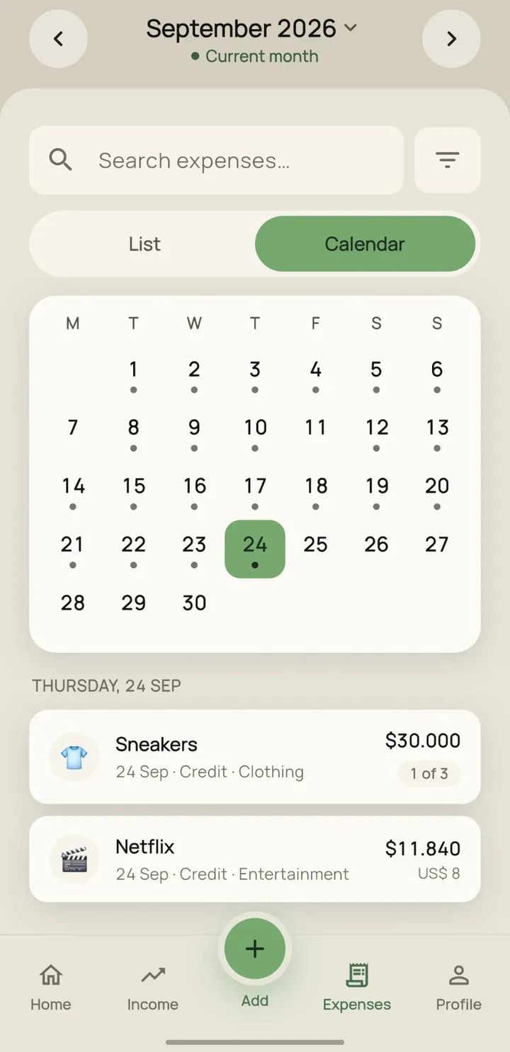 The month's expenses in calendar view, with the selected day's expenses below
