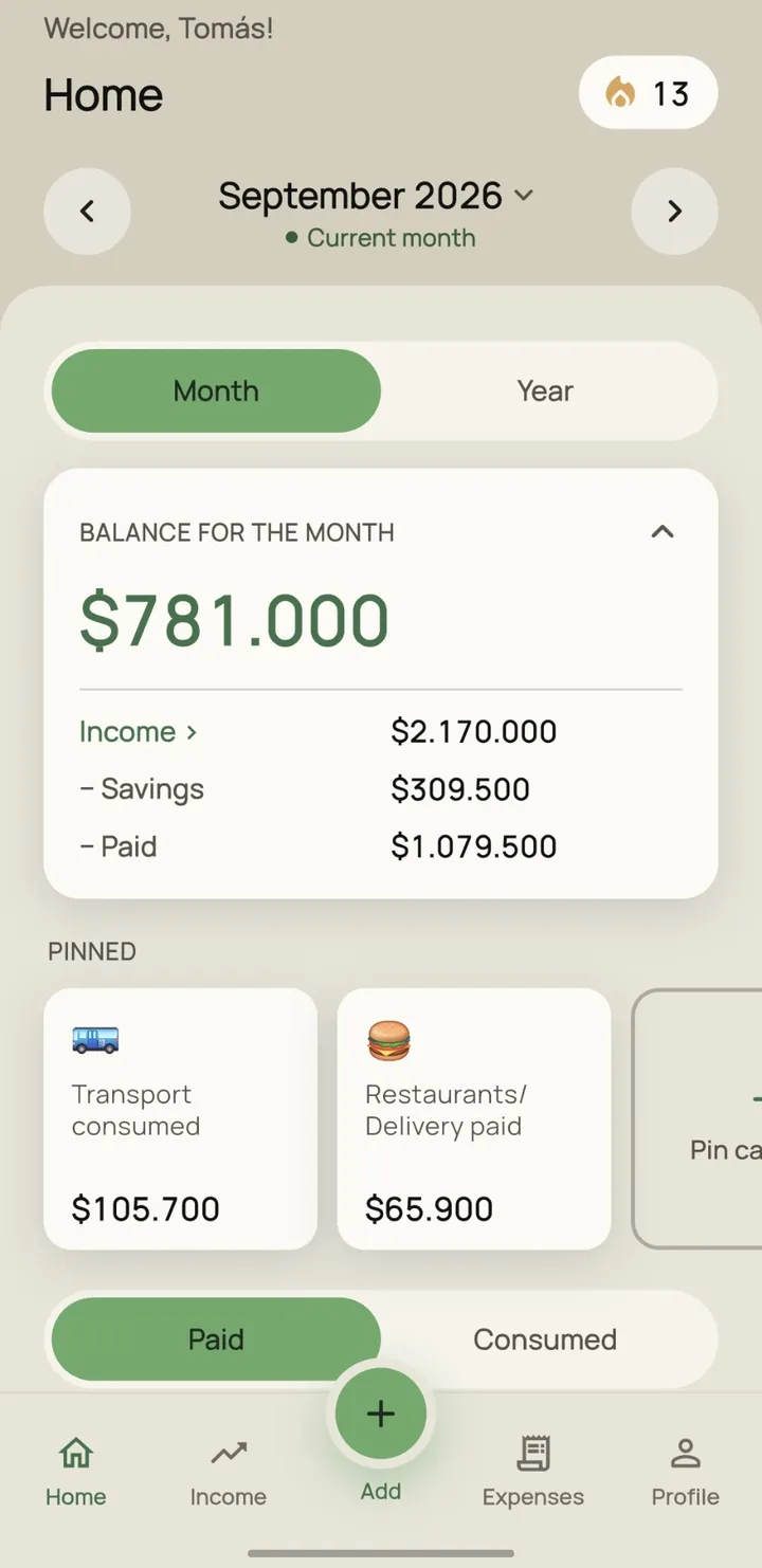 Tranco's Home screen: monthly balance, paid and spent, and expenses by category