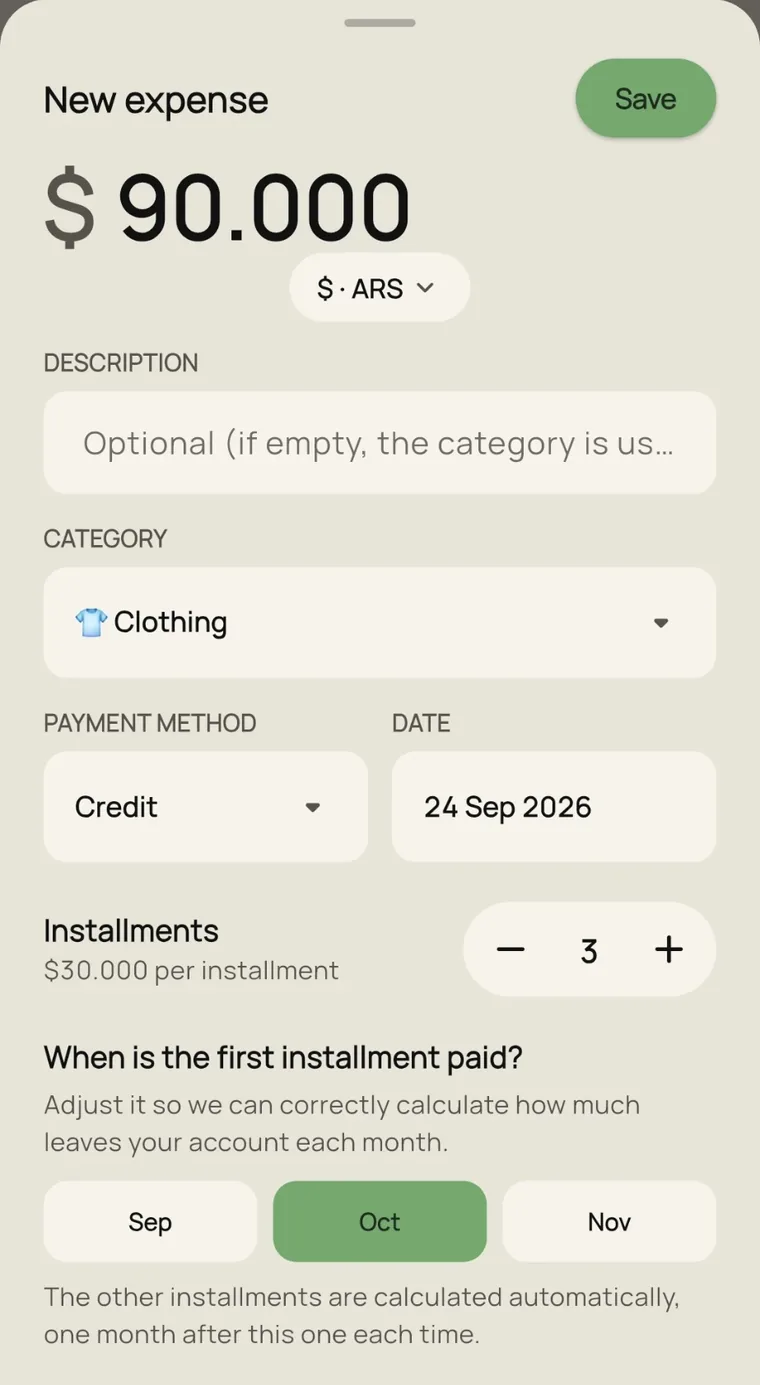 New expense form: amount, category, payment method, date and installments